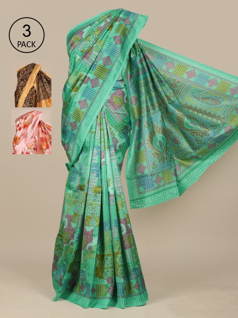 

Pothys Pack Of 3 Green & Peach-Coloured Jute Silk Saree