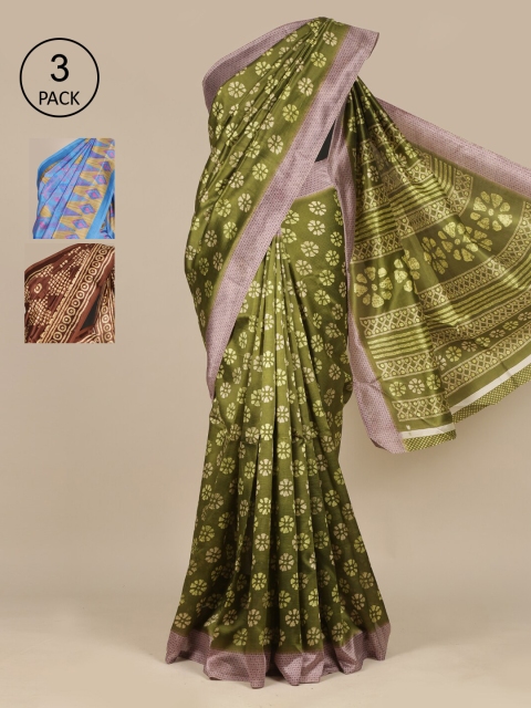 

Pothys Green Woven Pack of 3 Design Zardozi Jute Silk Saree