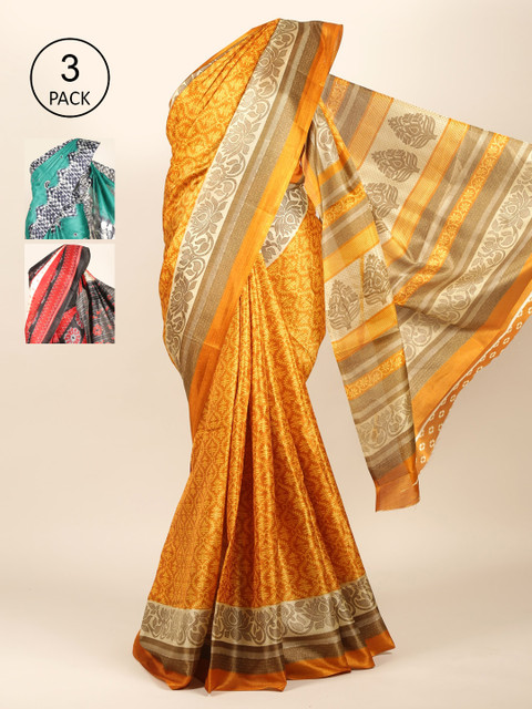 

Pothys Pack of 3 Mustard Yellow& Green Jute Silk Saree