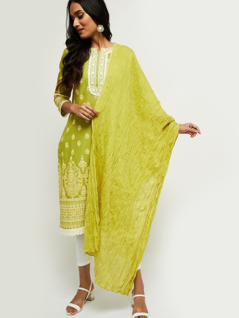 

max Lime Green & White Pure Cotton Dupatta with Beads and Stones
