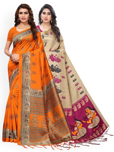 

KALINI Pack Of 2 Art Silk Sarees, Orange