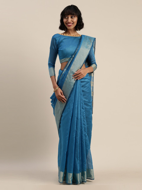 

Florence Firozi Blue Solid Zari Silk Cotton Saree