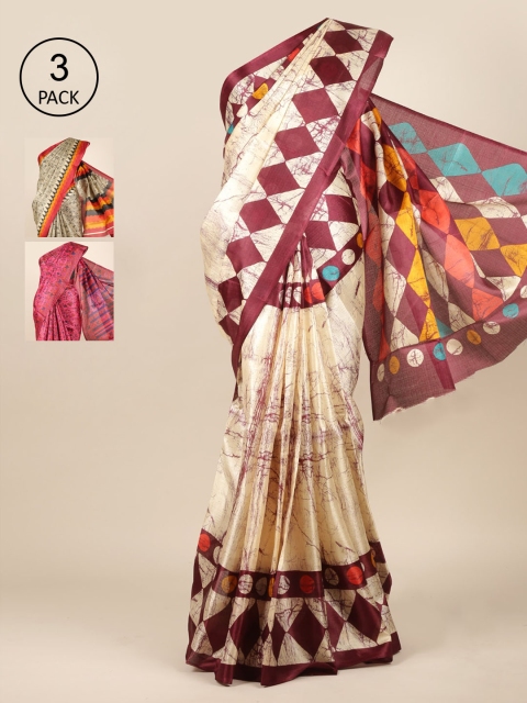 

Pothys Pack Of 3 Jute Silk Saree, Cream