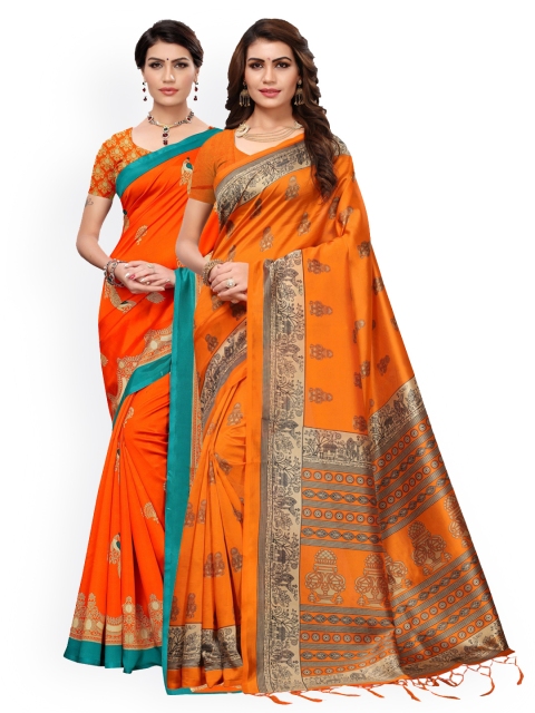 

KALINI Pack of 2 Orange Ethnic Motifs Art Silk Saree