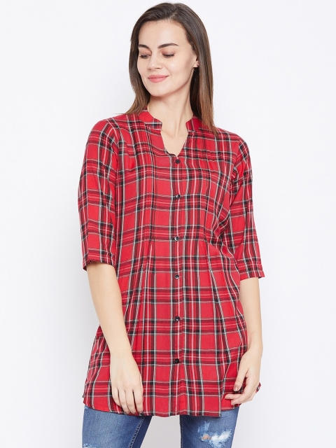 

One Femme Red & Black Mandarin Collar Checked Cotton Tunic
