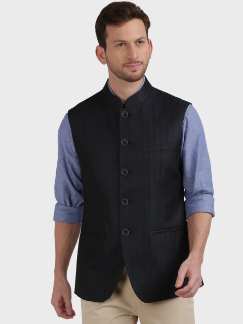 

ColorPlus Men Black Striped Woven Nehru Jacket