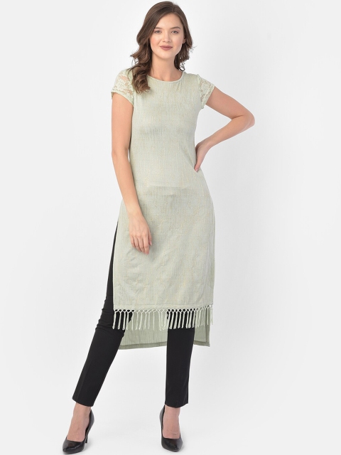 

Ojjasvi Women See Green Foil Woven Design Knitted Kurta, Sea green