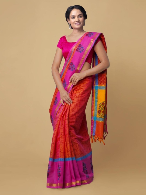 

Unnati Silks Orange & Pink Floral Pure Cotton Mangalagiri Saree