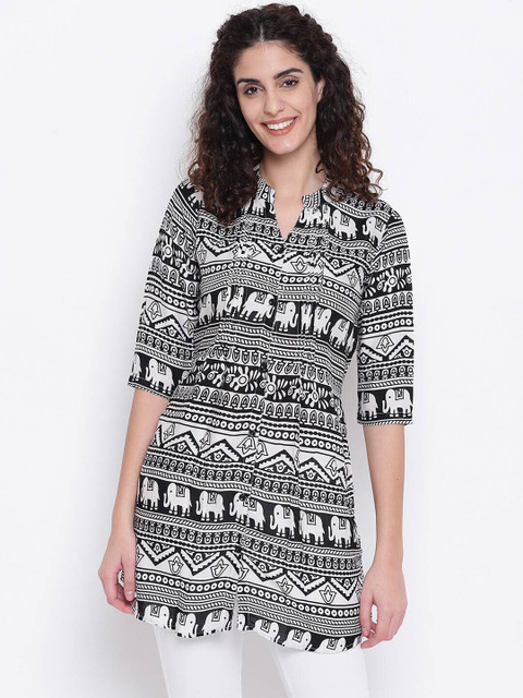 

One Femme White & Black Viscose Rayon Mandarin Collar Printed Tunic