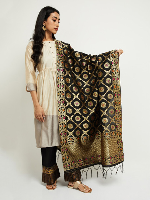 

max Black & Gold-Toned Woven Design Dupatta