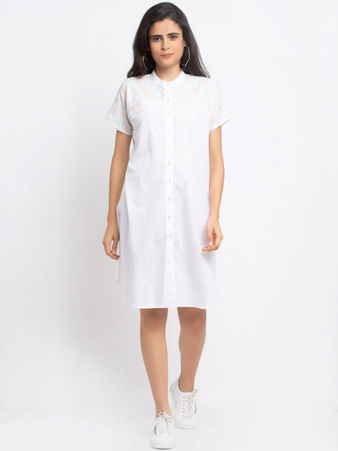 

Ekmatra White Embroidered Yoke Shirt Sustainable Dress