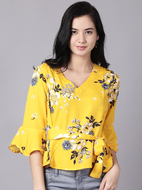 

AASI - HOUSE OF NAYO Yellow Floral Bell Sleeve Crepe Cinched Waist Top