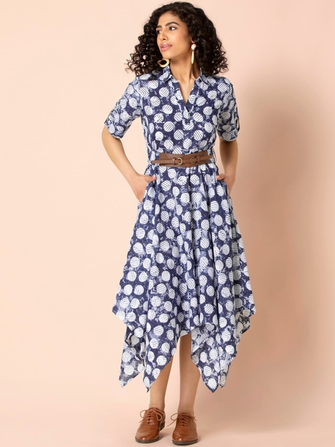 

Earthen BY INDYA Blue Abstract High Low Dress with Belt, Navy blue