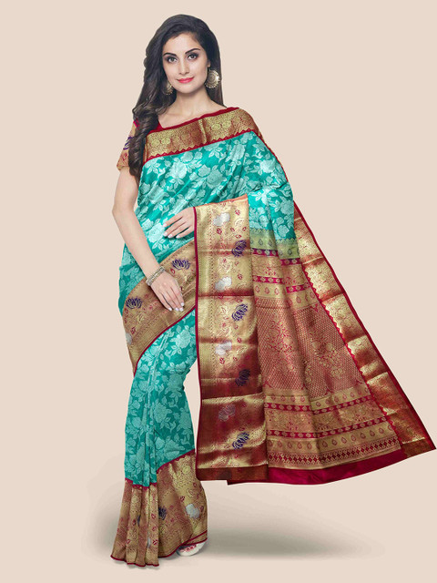 

KLM Fashion Mall Sea Green Woven Design Zari Silk Blend Kanjeevaram Saree