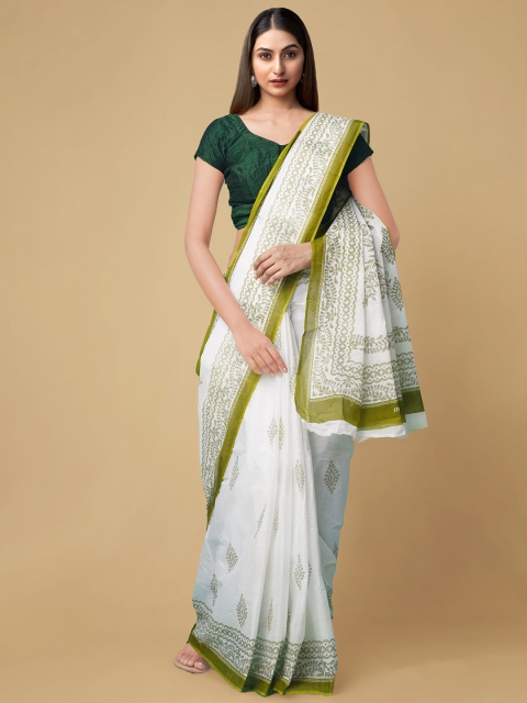 

Unnati Silks White & Green Floral Pure Cotton Kovai Handloom Saree