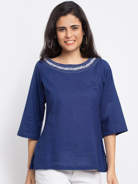 

Ekmatra Blue Kimono Sleeve Jewel Neck Sustainable Styled Back Top