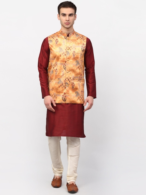 

Jompers Men Maroon Dupion Silk Kurta Set with Nehru Jacket