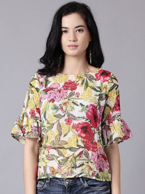 

AASI - HOUSE OF NAYO Yellow & Pink Floral Tropical Georgette Regular Top