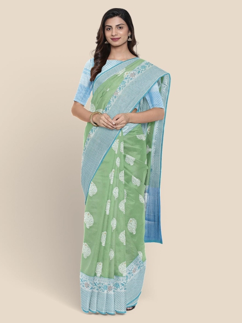 

KLM Fashion Mall Green & Blue Ethnic Motifs Chanderi Saree