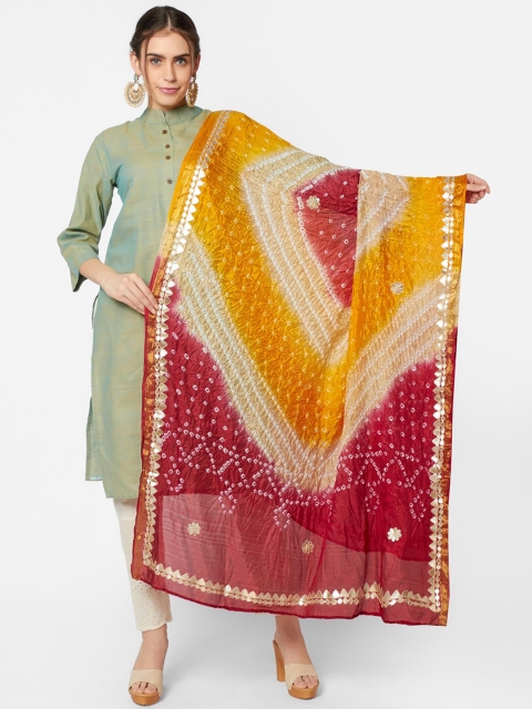 Dupatta Bazaar Red & Yellow Printed Bandhani Dupatta with Gotta Patti