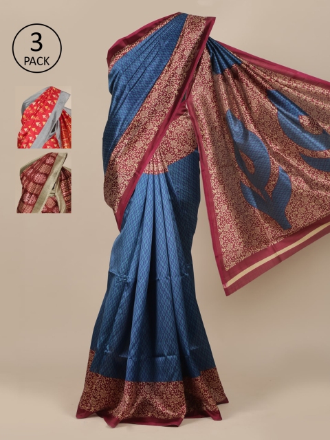 

Pothys Pack of 3 Floral Jute Silk Saree, Blue