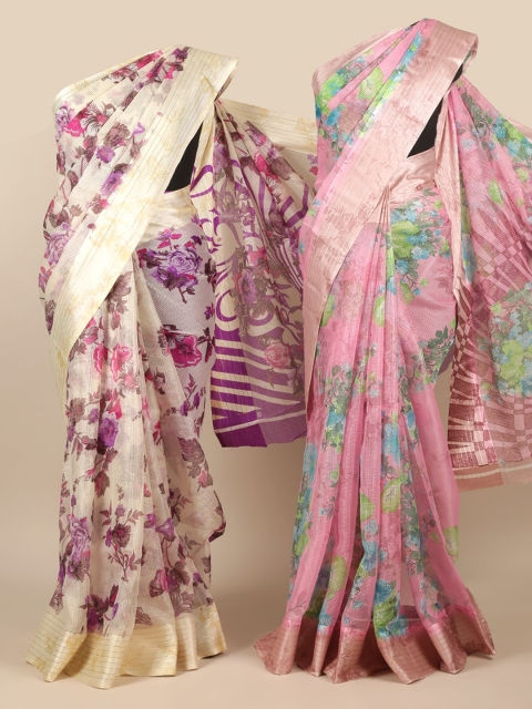 

Pothys Cream & Pink Pack Of 2 Floral Jute Silk Saree