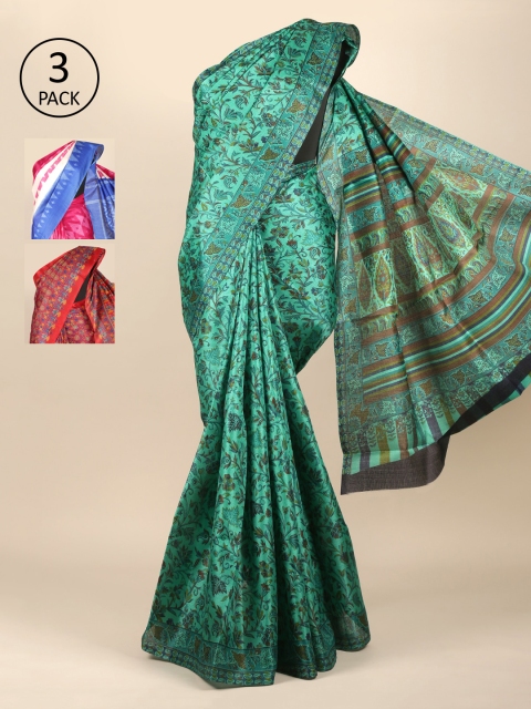 

Pothys Green & Red Pack of 3 Floral Jute Silk Sarees