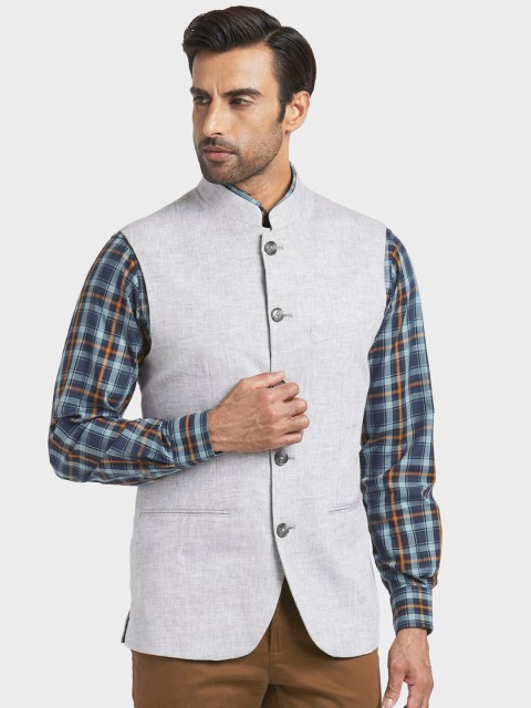 

ColorPlus Men Grey Solid Woven Nehru Jacket