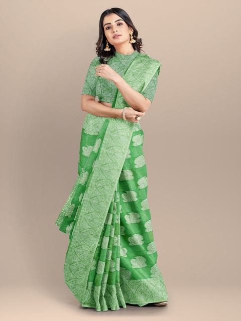 

BharatSthali Green Ethnic Motifs Silk Cotton Banarasi Saree
