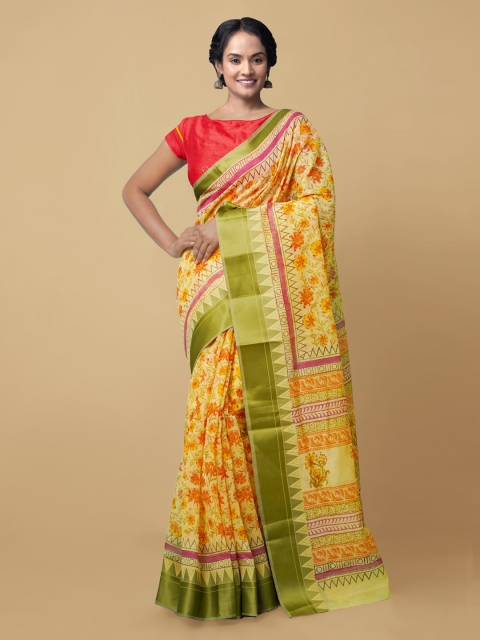 

Unnati Silks Yellow Floral Silk Cotton Chanderi Saree