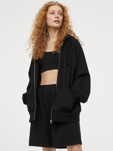 

H&M Women Black Solid Wide Sweatshirt Shorts