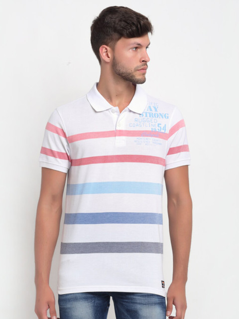 

Club York Men White Striped Polo Collar T-shirt