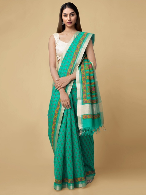 

Unnati Silks Green Ethnic Motifs Silk Cotton Chanderi Saree