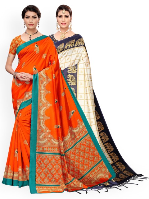 

KALINI Navy Blue Pack of 2 Checked Zari Art Silk Saree