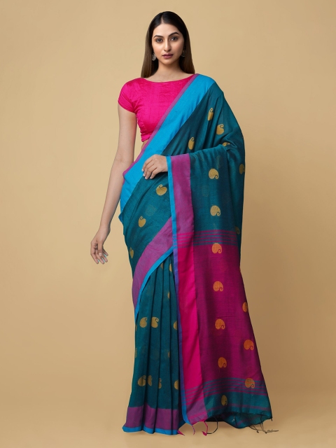 

Unnati Silks Blue & Pink Woven Design Pure Linen Jamdani Saree