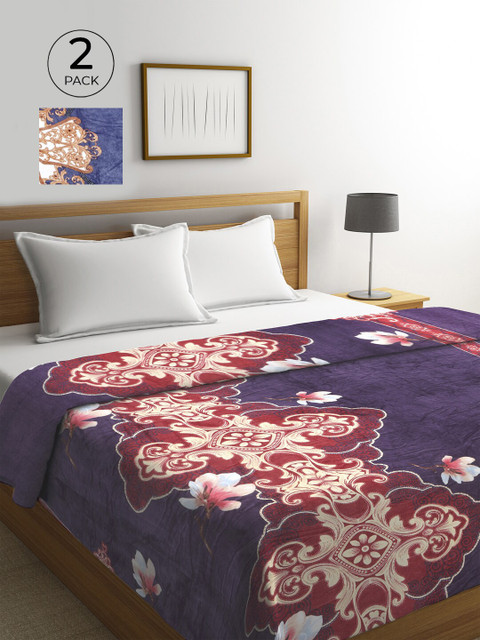 

KLOTTHE Navy Blue & Purple Set of 2 Ethnic Motifs AC Room 300 GSM Double Bed Comforter