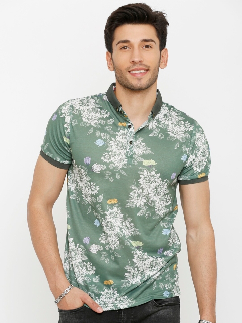 

Rex Straut Jeans Men Green Floral Printed Polo Collar Slim Fit Cotton T-shirt