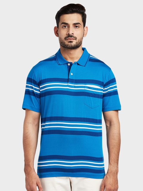 

ColorPlus Men Blue Striped Polo Collar Cotton T-shirt