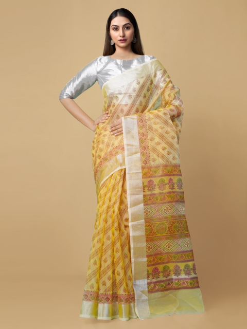 

Unnati Silks Yellow & Silver-Toned Ethnic Motifs Zari Organza Block Print Saree