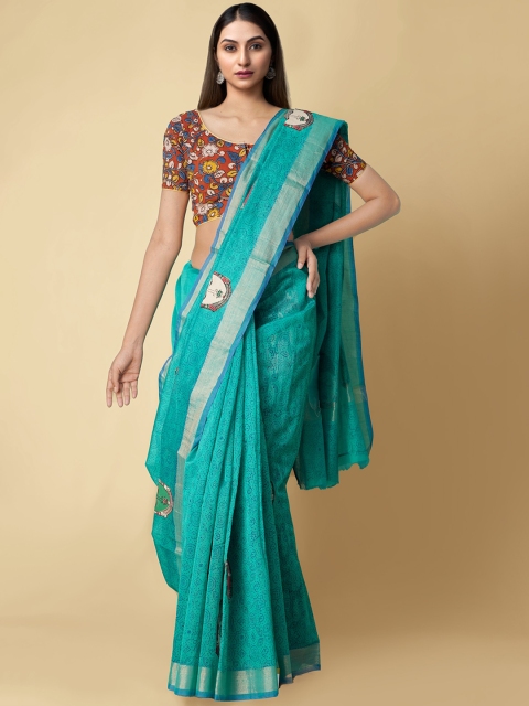 

Unnati Silks Green Kalamkari Applique Silk Cotton Chanderi Saree