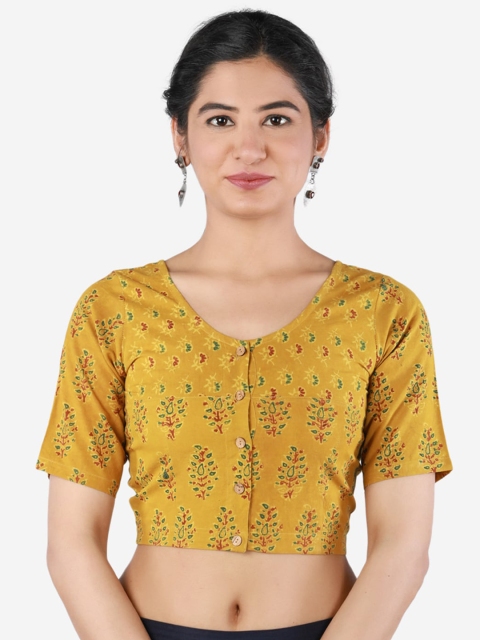 

Llajja Mustard & Red Ajrakh Printed Pure Cotton Saree Blouse