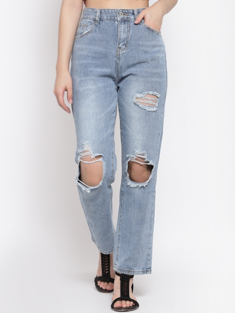 

iki chic Women Blue Straight Fit Highly Distressed Light Fade Jeans