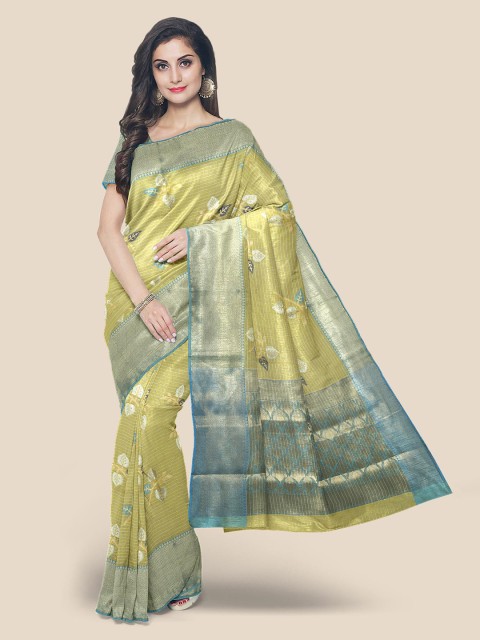 

KLM Fashion Mall Lime Green Woven Design Chanderi Saree