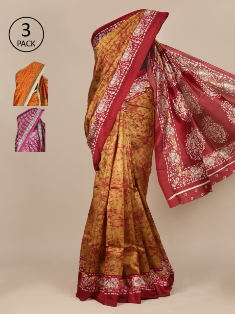 

Pothys Brown & Magenta Pack of 3 Ethnic Motifs Jute Silk Sarees
