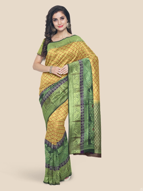 

KLM Fashion Mall Mustard & Green Woven Design Silk Blend Kanjeevaram Saree