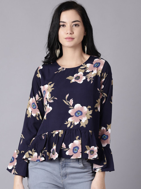 

AASI - HOUSE OF NAYO Navy Blue Floral Crepe Peplum Top