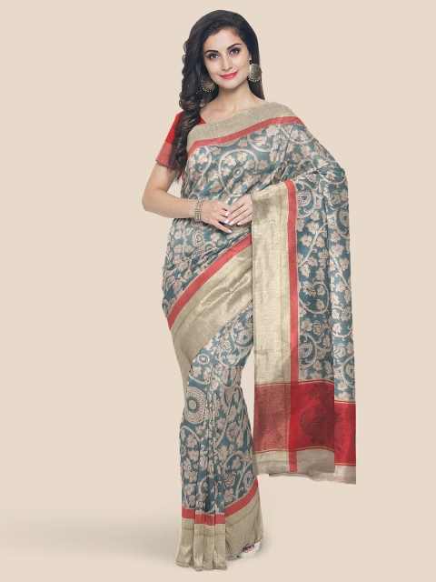 

KLM Fashion Mall Teal Ethnic Motifs Linen Blend Saree