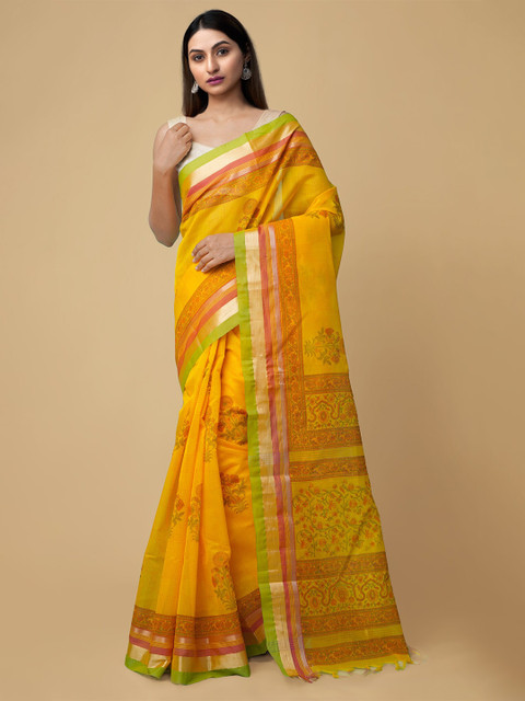 

Unnati Silks Yellow & Orange Ethnic Motifs Zari Silk Cotton Chanderi Handloom Saree