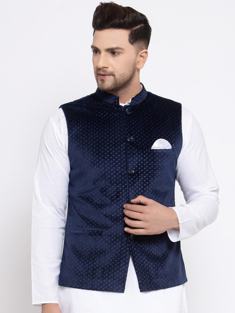 

MAXENCE Men Navy Blue Woven-Design Nehru Jacket