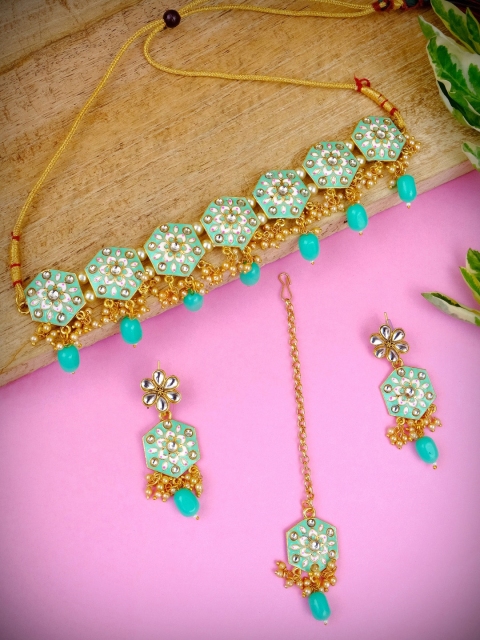 

Crunchy Fashion Gold-Plated Sea-Green Traditional Rajasthani Royalty Jewellery Set